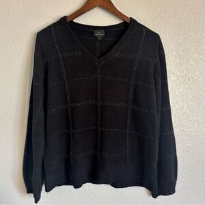 Worthington Black Knit V-Neck Plaid Black and Silver Sweater Size Large